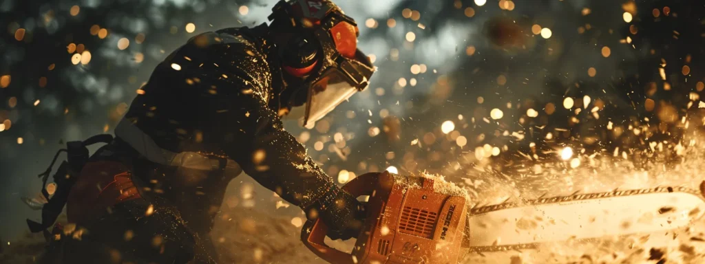 a chainsaw operator in protective gear recoiling as the chain unexpectedly kicks back towards them.