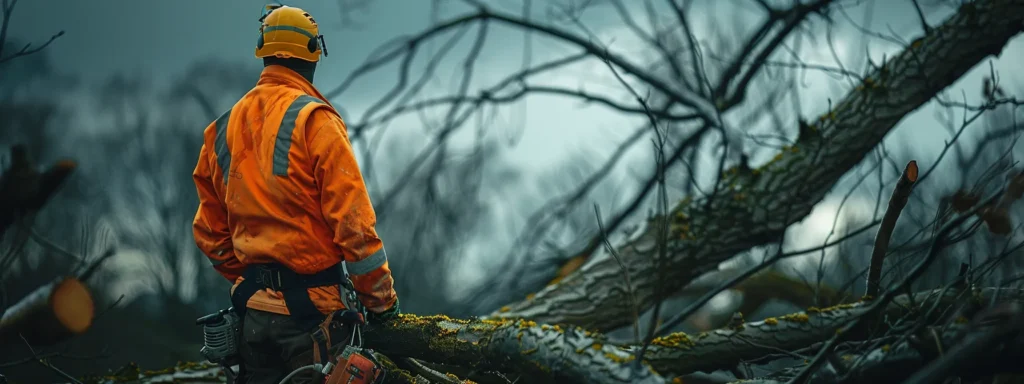 | Mastering Safe Tree Felling: Your Essential Guide to Proper Techniques | 1Garden.com a tree feller calmly assessing the situation with a stubborn tree refusing to fall in the midst of stormy weather, ready to respond to any emergencies with a sense of focused determination.