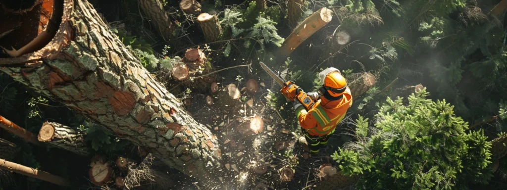 a person in protective gear stands next to a powerful chainsaw, surrounded by various types and sizes of trees, carefully assessing their specific tree cutting needs.