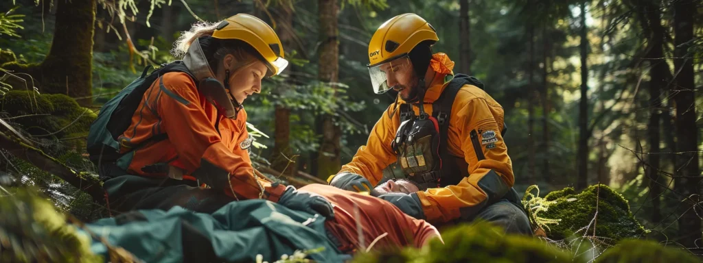 a worker wearing protective gear quickly applies first aid to a colleague with a minor chainsaw injury in a forest setting.