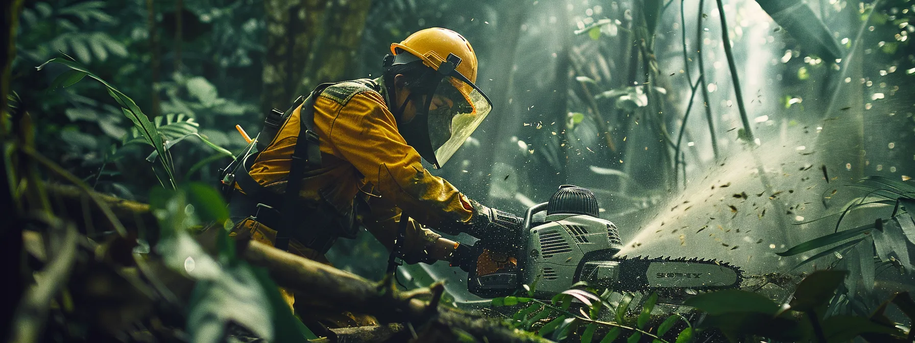 a lumberjack in full protective gear, including a helmet, visor, and gloves, operating a chainsaw in a dense forest.