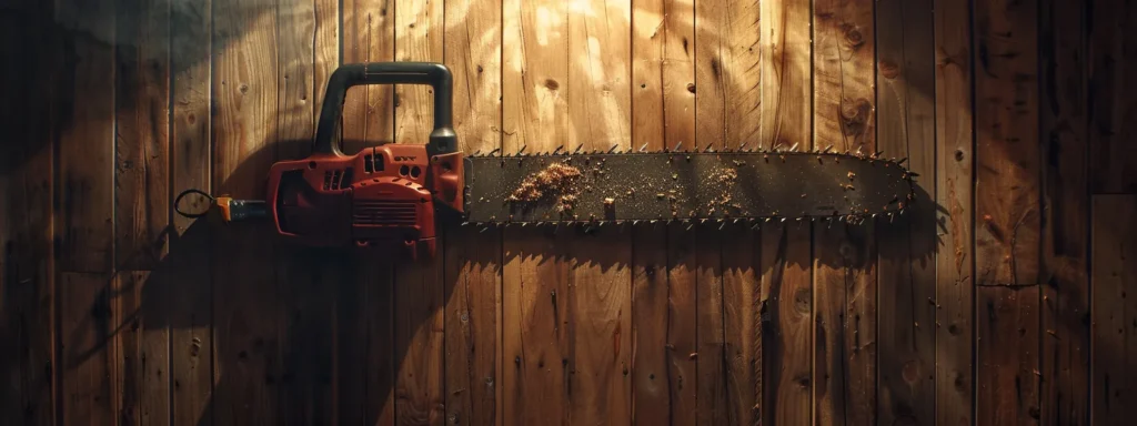 a sturdy, sleek chainsaw bar hanging on a wooden wall, showcasing durability and build quality.