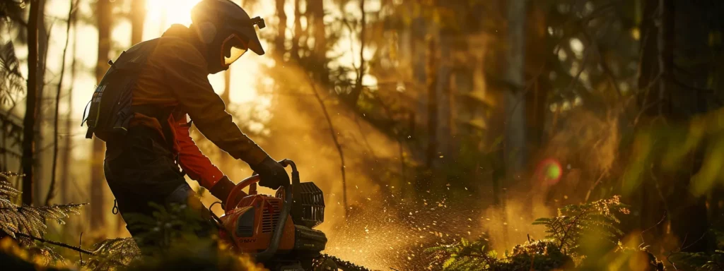 a powerful chainsaw with advanced safety features, an ergonomic design, and customisable options being used by a professional arborist in a lush forest setting.