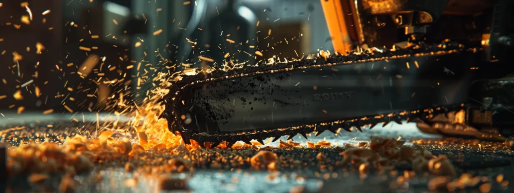 a chainsaw blade being sharpened with a taut chain, surrounded by tools and lubricant to ensure safe operation.