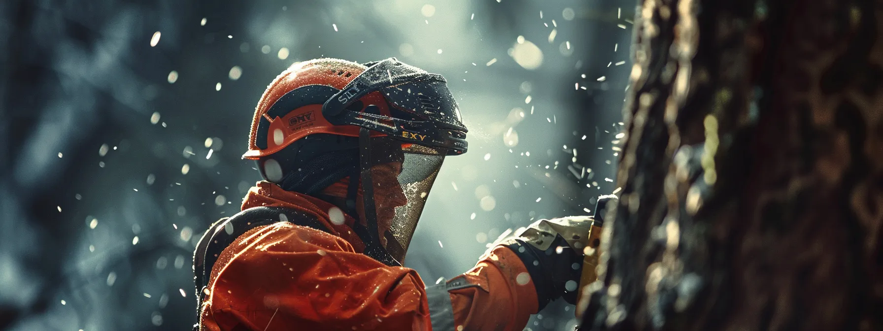 a lumberjack wearing safety gear confidently operates a chainsaw while maintaining a safe distance and angle from the tree trunk.