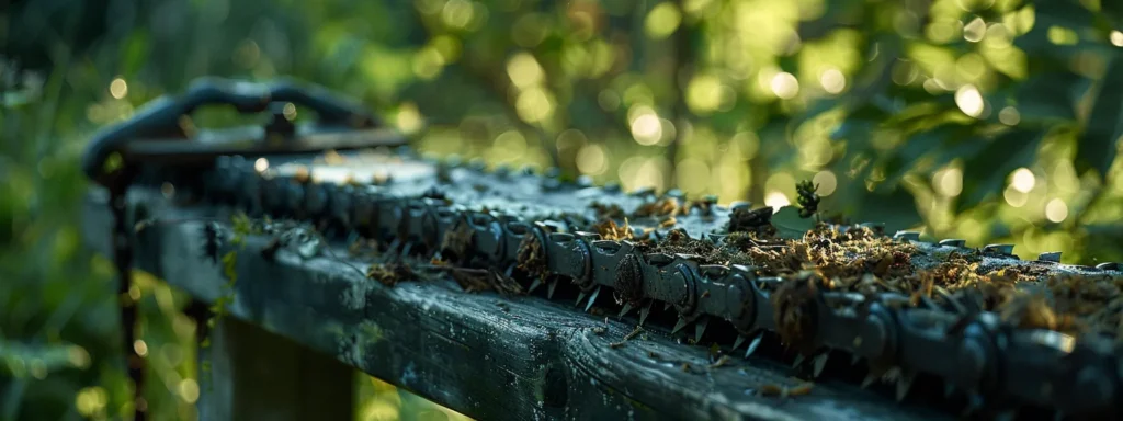 a chainsaw bar coated in dark, recycled oil, contrasting against a green garden backdrop, highlighting the potential risks and benefits of diy bar oil alternatives.