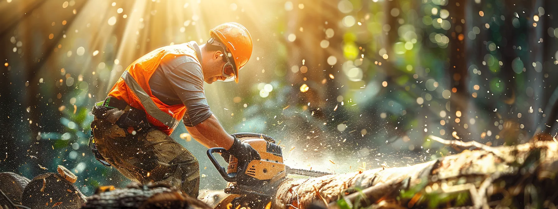 a lumberjack wearing a bright orange safety helmet and reflective vest, carefully cutting a tree with a chainsaw in a lush forest.