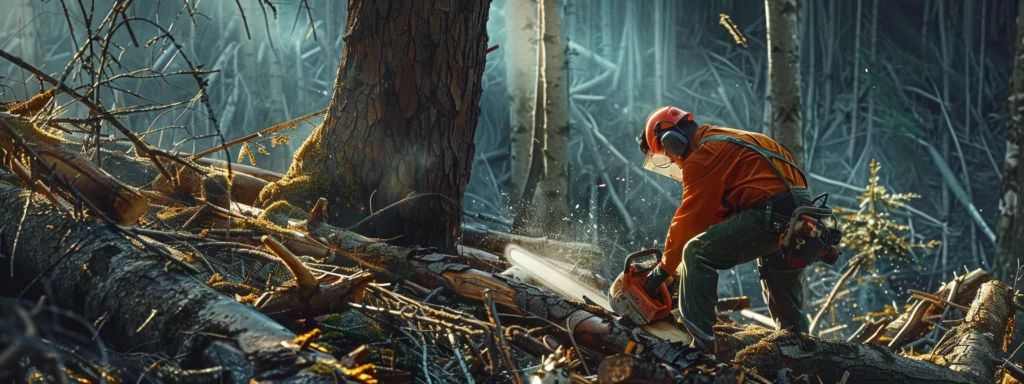 a lumberjack carefully assessing the hinge while cutting down a tree with a chainsaw amidst a forest filled with debris and signs of fatigue.