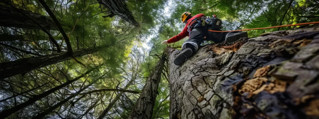 | Mastering Safe Tree Felling: Your Essential Guide to Proper Techniques | 1Garden.com a tree specialist carefully assessing a tall, leaning tree in a dense forest setting, noting its species and potential hazards before felling.