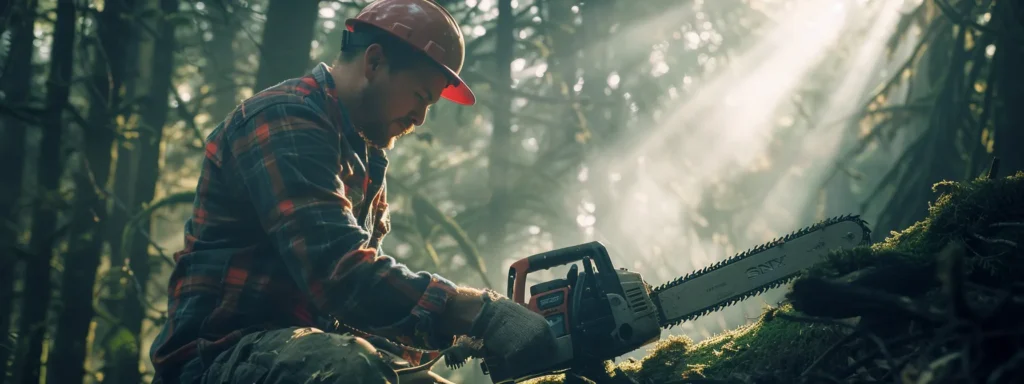 | Comprehensive Chainsaw Maintenance Guide for Enhanced Safety | 1Garden.com a lumberjack carefully inspecting the sharp, gleaming chain and sturdy guide bar of a chainsaw against a backdrop of dense forest foliage.
