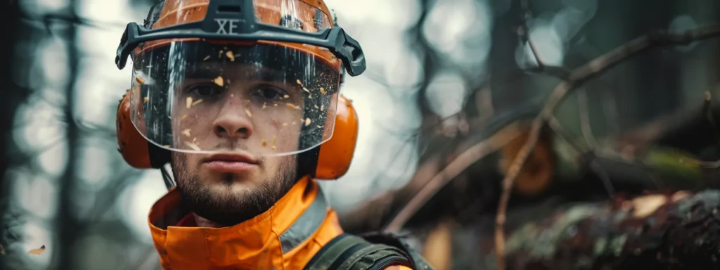 a logger wearing a sturdy face shield and anti-kickback chainsaw gear, ready to tackle the job with safety in mind.