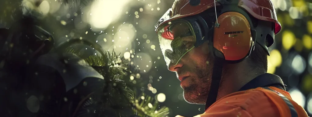 a worker wearing a sturdy safety helmet, protective visor, and ear defenders while operating a chainsaw.