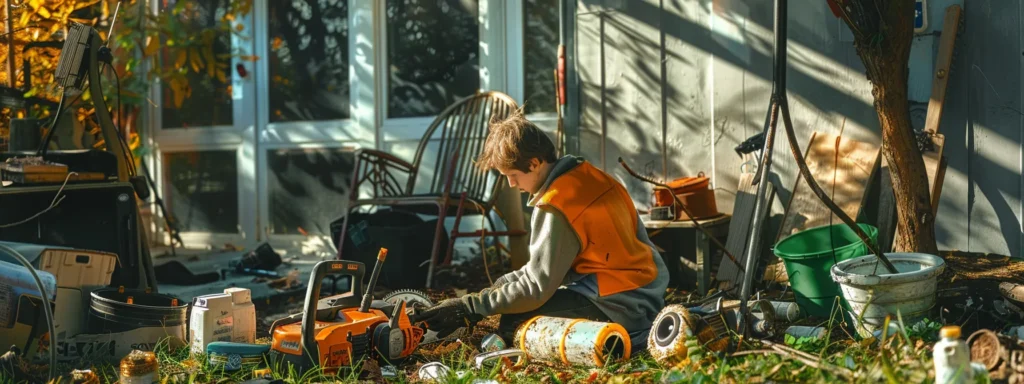 a gardener comparing the maintenance costs of electric and gas chainsaws, surrounded by a pile of rechargeable batteries and bottles of motor oil.