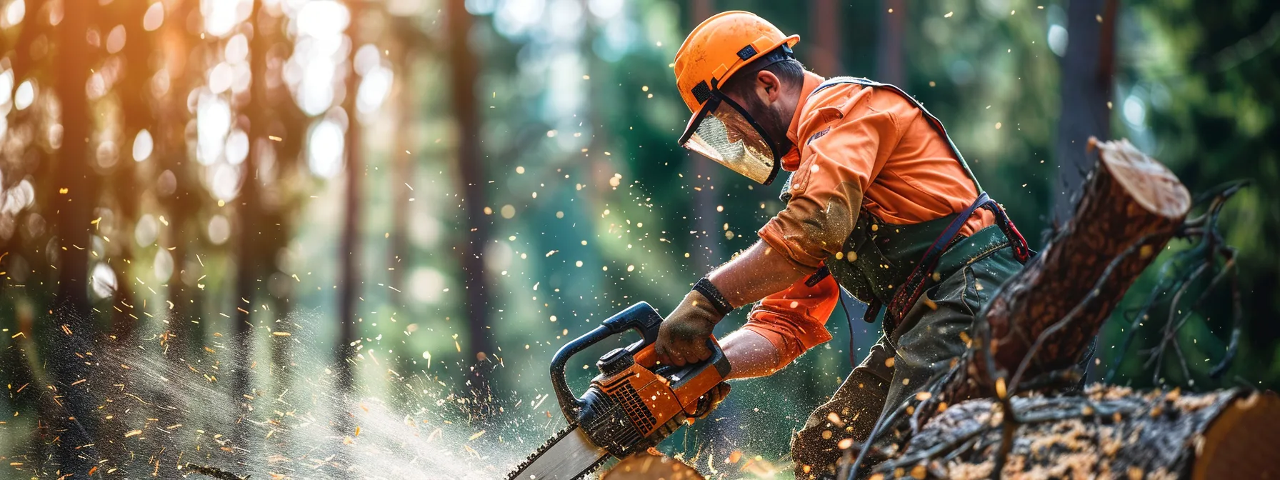 a lumberjack expertly wields a powerful chainsaw, wearing protective gear and focused on the task at hand in a dense forest setting.