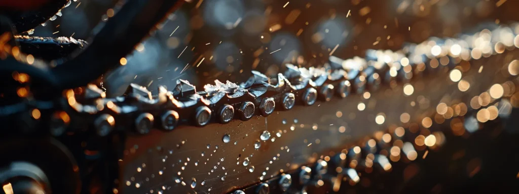 a close-up shot of a shiny, well-maintained chainsaw bar and guide gleaming under bright light, showcasing effective cleaning and care techniques.