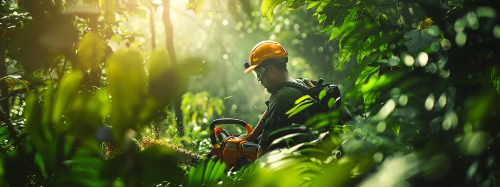 a person using a sleek, electric chainsaw surrounded by lush green trees, showcasing the economic benefits of switching to eco-friendly tools.