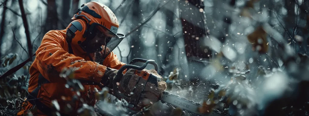 a chainsaw operator carefully avoids kickback while executing a precise cut, ensuring safety and control.