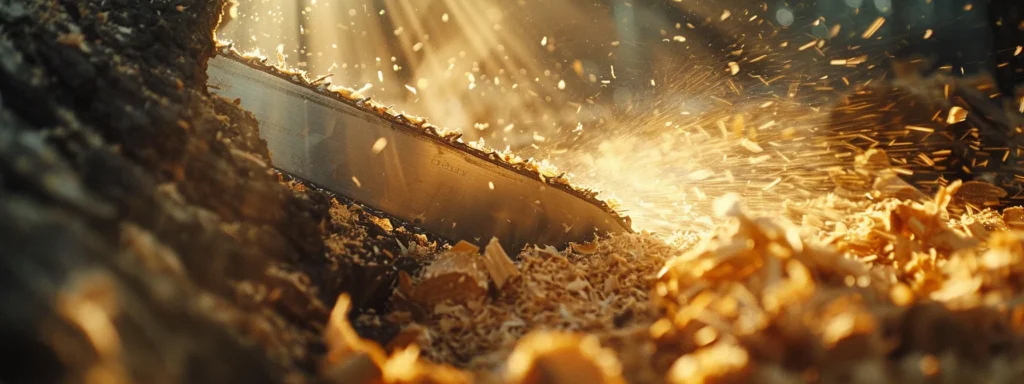 | Complete Guide to Chainsaw Sharpening Tools for Woodcutters | 1Garden.com a gleaming chainsaw blade effortlessly slices through a thick tree trunk, surrounded by woodchips and sawdust.