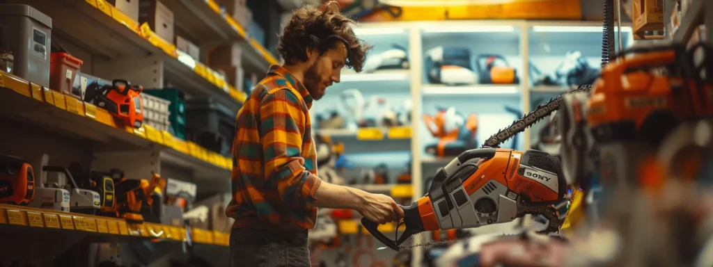 a person carefully comparing a sleek, modern electric chainsaw with a rugged, powerful gas model in a well-lit hardware store.