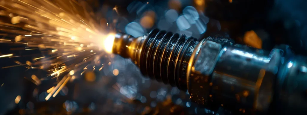 a close-up shot of a shiny spark plug glowing with a spark, highlighting its vital role in powering a chainsaw.