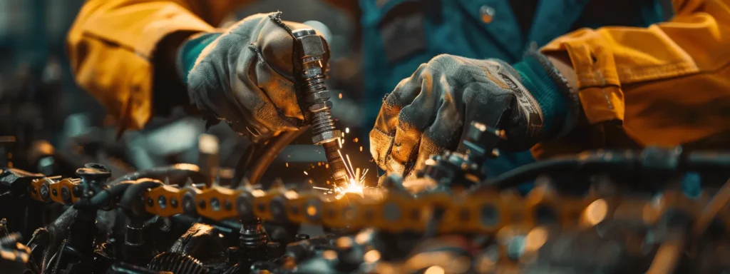 a pair of hands carefully installing a shiny new spark plug into a chainsaw engine.