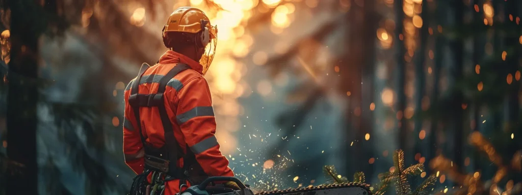 | Mastering Safe Tree Felling: Your Essential Guide to Proper Techniques | 1Garden.com a logger standing proudly in full safety gear, holding a powerful chainsaw ready for a day of tree felling.