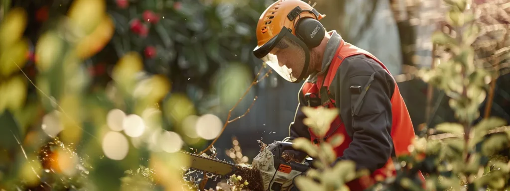 a gardener effortlessly trimming branches with a lightweight and quiet battery-powered chainsaw in a tranquil, neighbour-friendly garden setting.