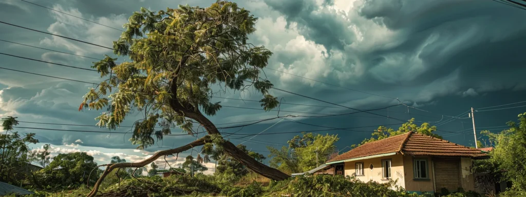 a tree leaning precariously towards a house, tangled power lines overhead, as dark clouds gather in the sky for impending storm, highlighting the dangers of felling large trees.