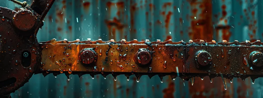 a chainsaw covered in rust, with water droplets clinging to the metal surface, abandoned in a damp and neglected shed.