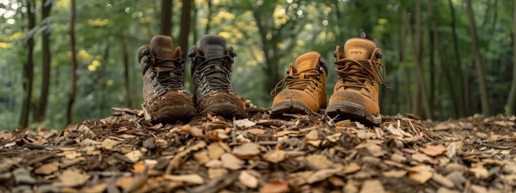 a pair of sturdy steel-toe boots with slip-resistant soles standing on a pile of wood chips in a forest setting.