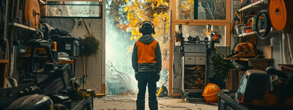 a person standing in a workshop, surrounded by various chainsaws from different trusted brands, comparing features and prices to set a realistic budget for tree cutting needs.