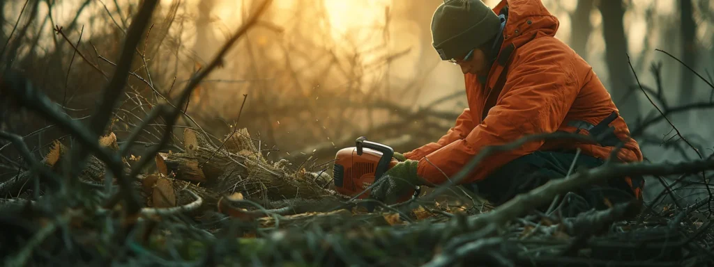 a person carefully storing a chainsaw in a neat and organised manner after completing tree cutting, surrounded by responsibly disposed tree branches in the background.