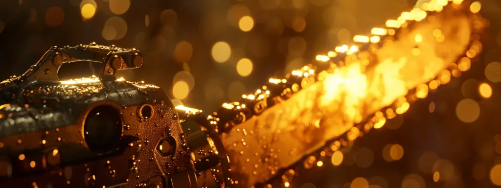 a shiny chainsaw coated with protective rust prevention products glistening under a warm, inviting light.