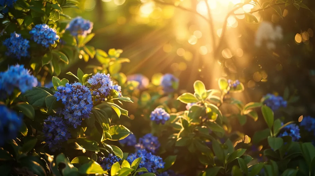 a lush garden scene showcases a vibrant ceanothus in full bloom, its rich blue blossoms contrasting beautifully against a backdrop of verdant foliage under soft golden sunlight.