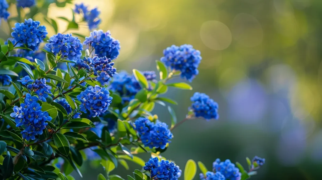 a lush, vibrant ceanothus plant bursts with rich blue blossoms against a softly blurred garden backdrop, highlighting the essence of nurturing and seasonal care in a sunlit landscape.