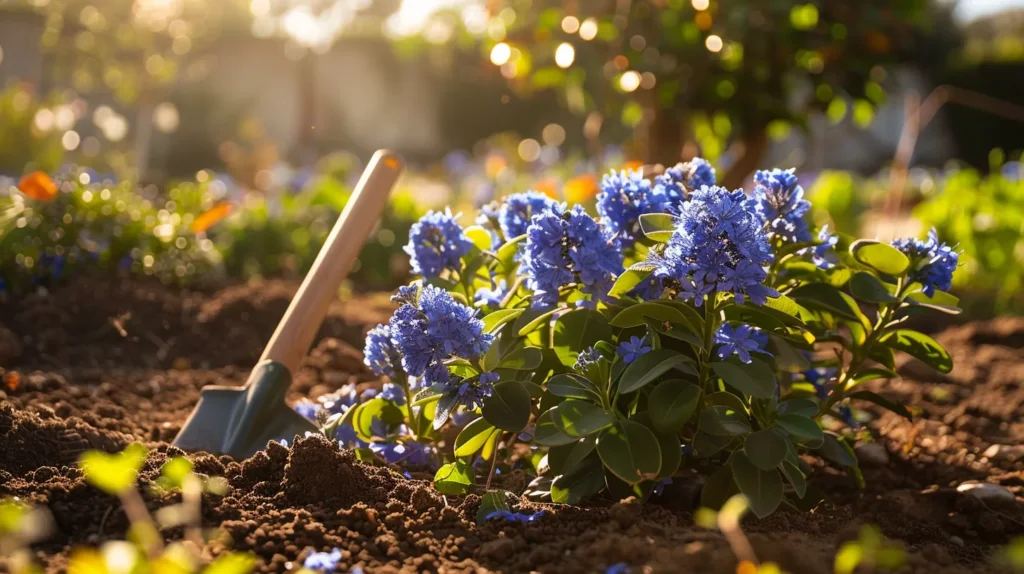 a vibrant garden bursting with lush ceanothus shrubs in full bloom, showcasing their rich blue flowers under the warm sunlight, with soil and propagation tools subtly placed in the foreground to highlight gardening techniques.