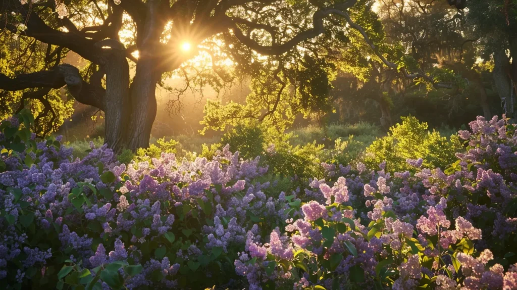 a vibrant garden scene showcases flourishing californian lilac plants in full bloom, set against the backdrop of mature oak trees, illuminated by warm sunlight filtering through the leaves.