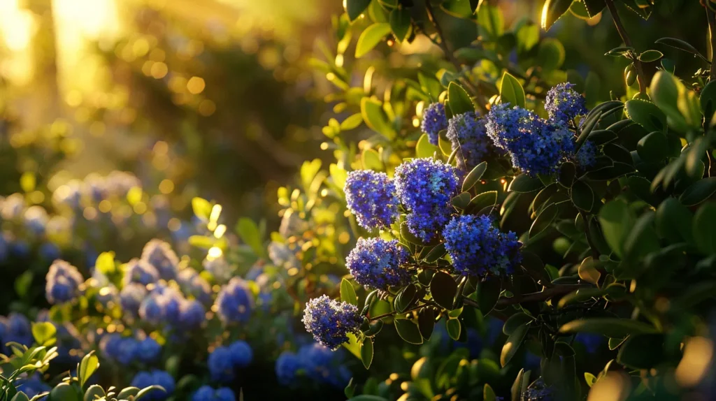 a vibrant garden scene showcasing a variety of ceanothus plants in full bloom, with lush green foliage contrasting against clusters of striking blue and purple flowers, illuminated by soft golden sunlight.