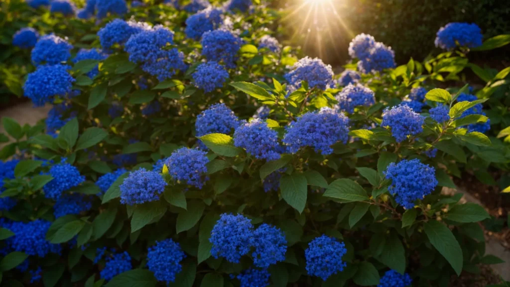 a vibrant garden bursting with healthy ceanothus plants, showcasing their lush green foliage and brilliant blue blooms under the warm glow of golden hour sunlight.